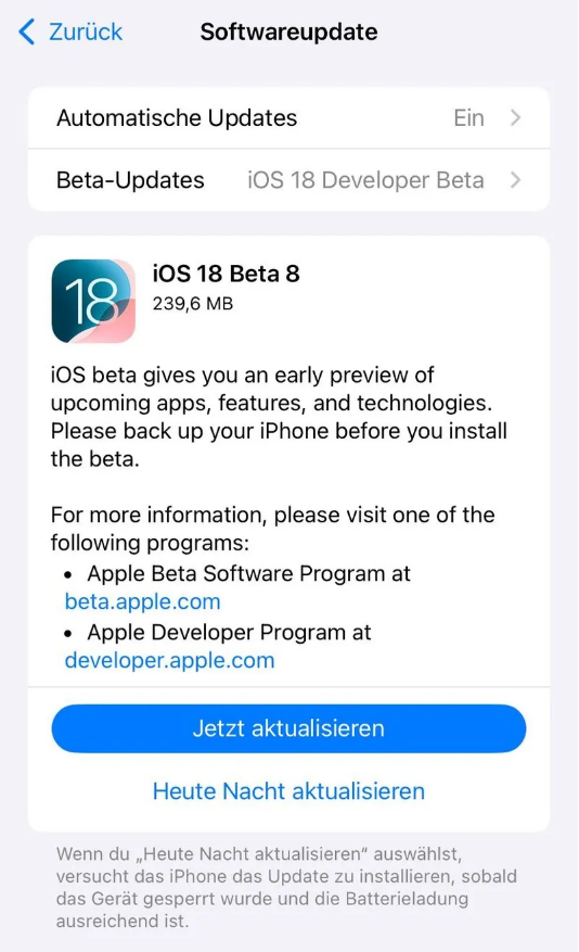 东安苹果手机维修分享苹果 iOS / iPadOS 18 开发者预览版 Beta 8 发布 